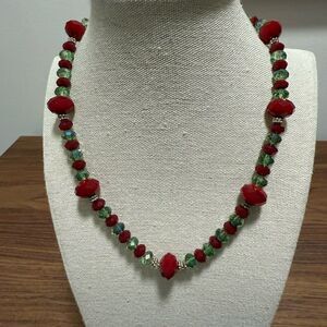 Necklace with Red & Green Faceted AB Crystals with SilverTone Filagree Stations.